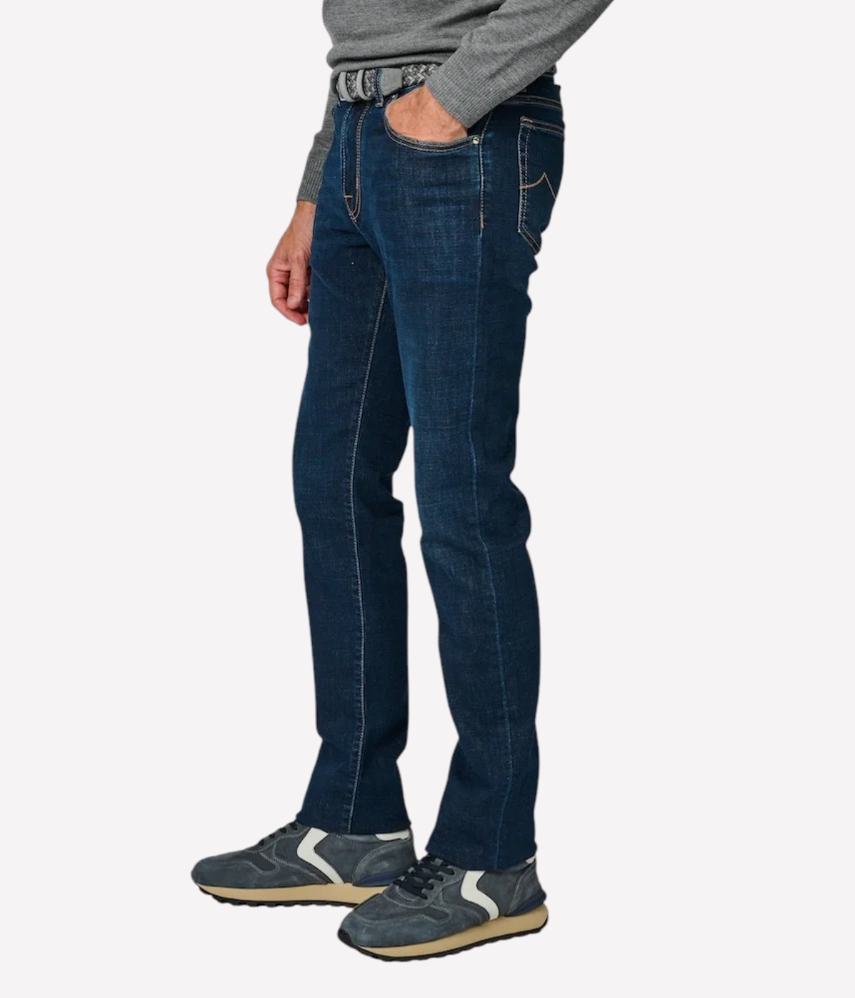 Bard 5 Pkt Slim Fit in 200D Medium Blue Suede Olive Patch