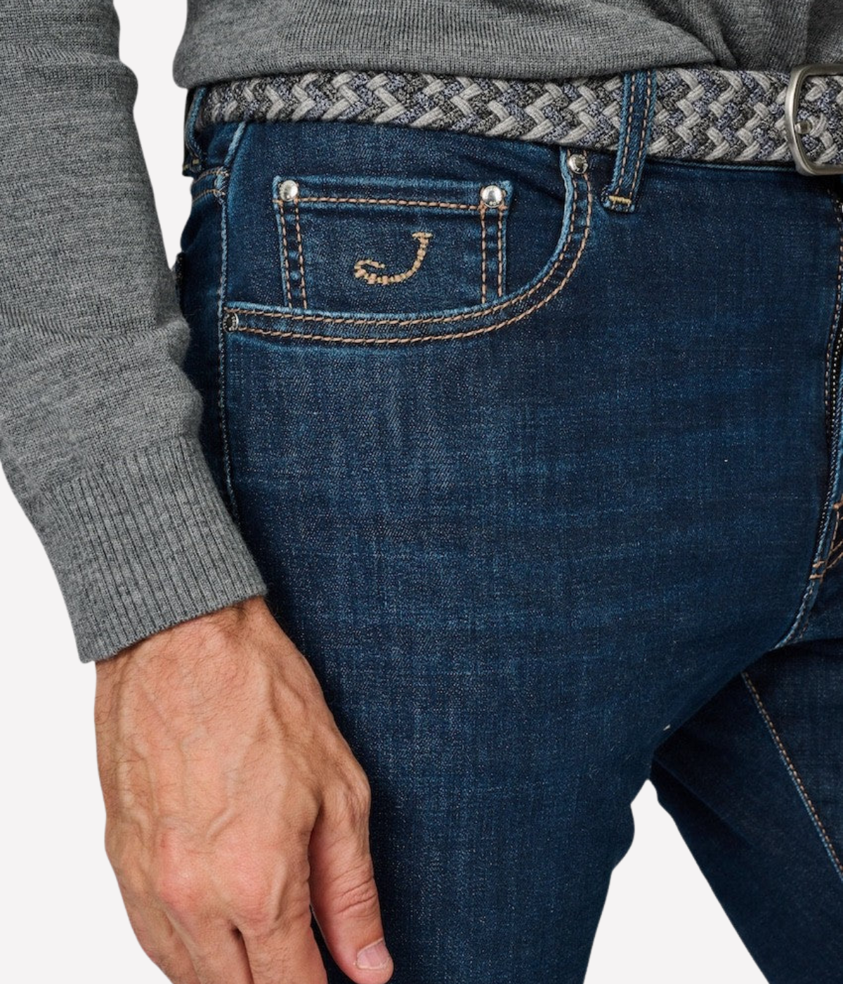 Bard 5 Pkt Slim Fit in 200D Medium Blue Suede Olive Patch