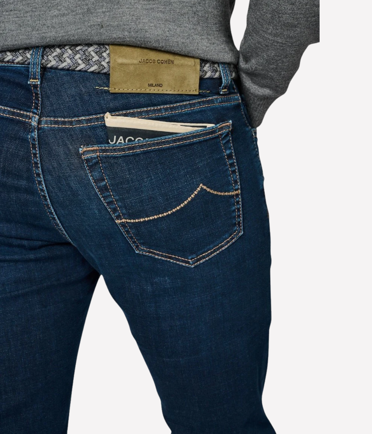 Bard 5 Pkt Slim Fit in 200D Medium Blue Suede Olive Patch
