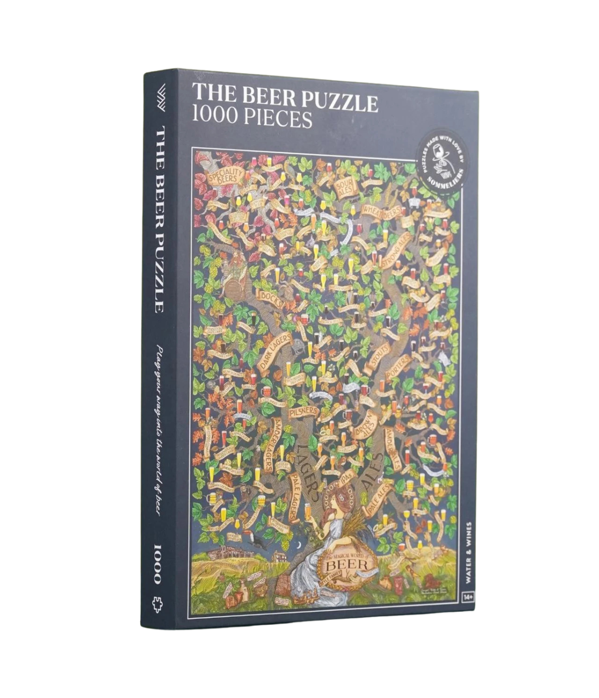 Jigsaw puzzle box with 'The Beer Puzzle' design on a white background