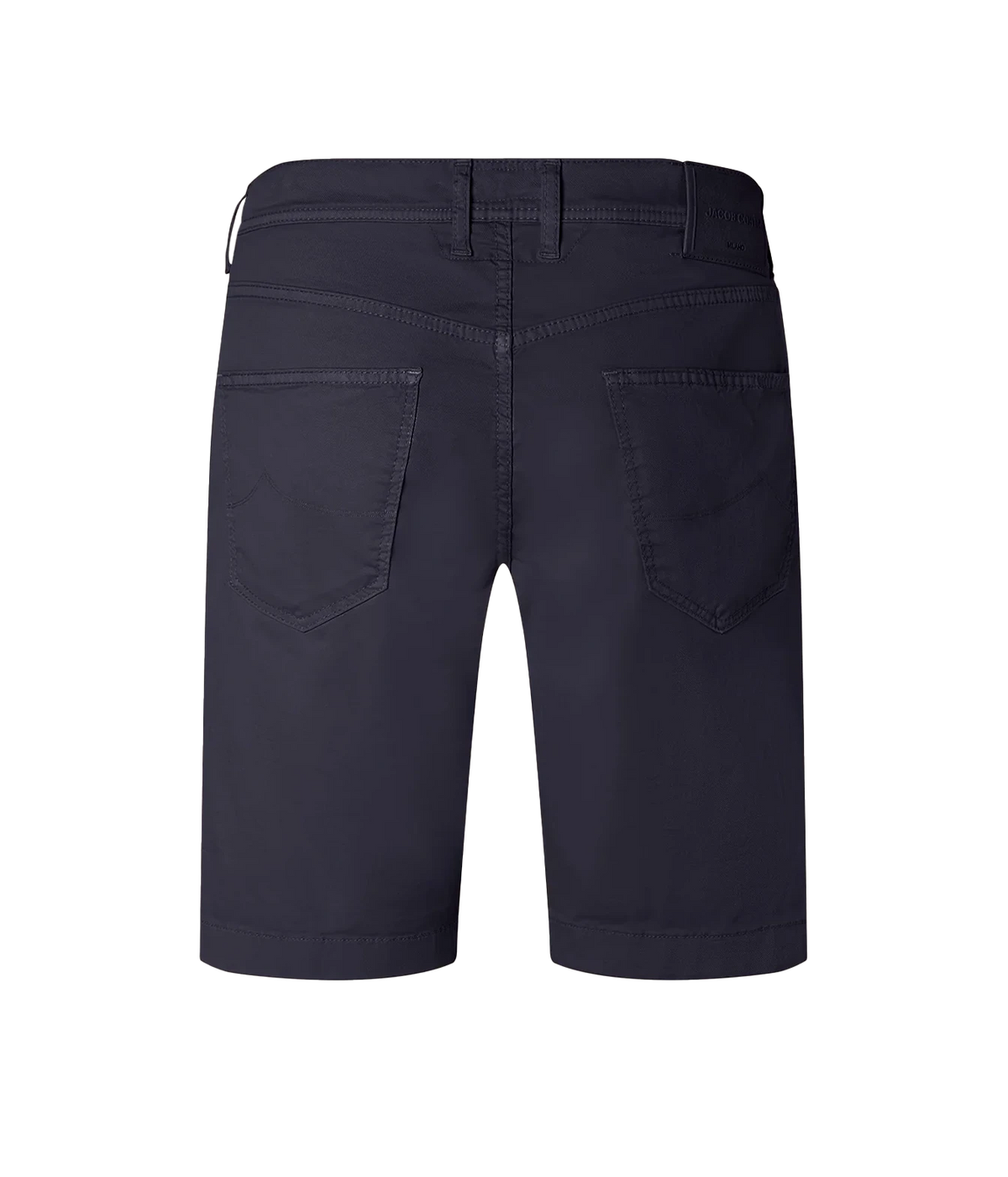 Rear view of dark navy blue denim shorts showing the back pockets, belt loops, and button closure on a solid white background.