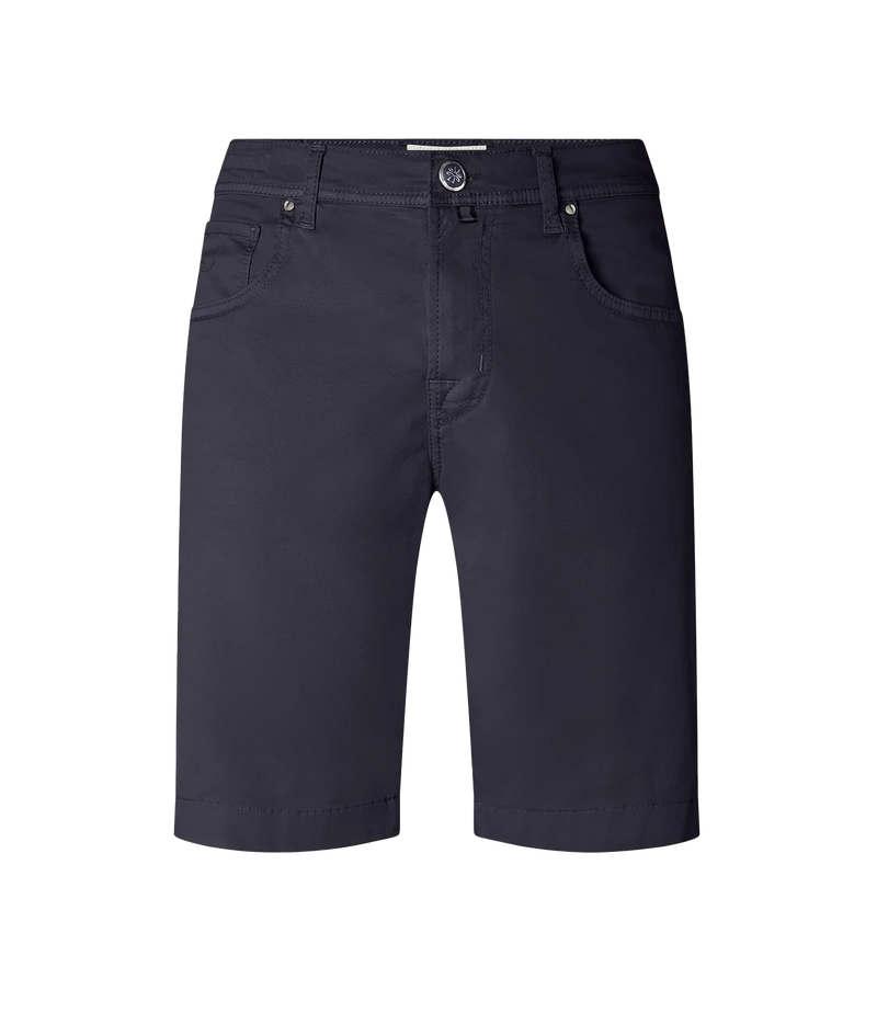 Dark navy blue denim shorts with a button closure and belt loops, shown flat against a plain white background.