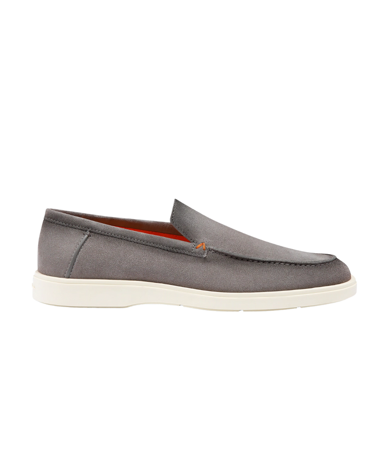 Men's grey suede Santoni loafers with apron stitching, orange detailing, and a smooth rubber sole—crafted in Italy for understated elegance.