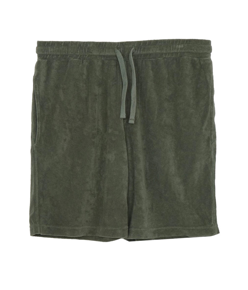 Military green Bouclette Bermuda shorts made from soft cotton terry towelling, featuring a drawstring waist and side pockets for casual comfort