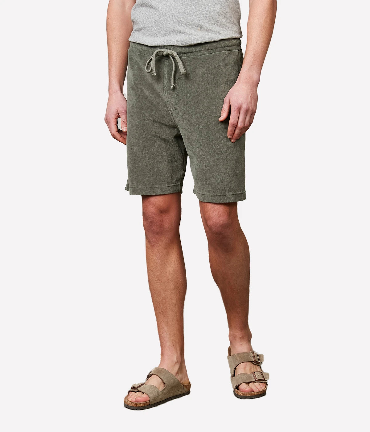 Military green Bouclette Bermuda shorts made from soft cotton terry towelling, featuring a drawstring waist and side pockets for casual comfort