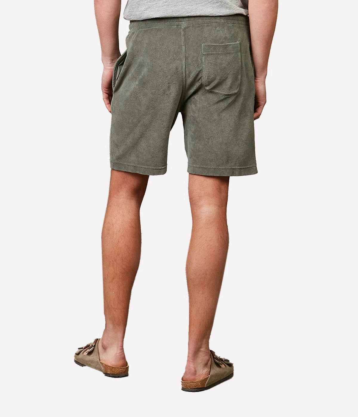 Military green Bouclette Bermuda shorts made from soft cotton terry towelling, featuring a drawstring waist and side pockets for casual comfort