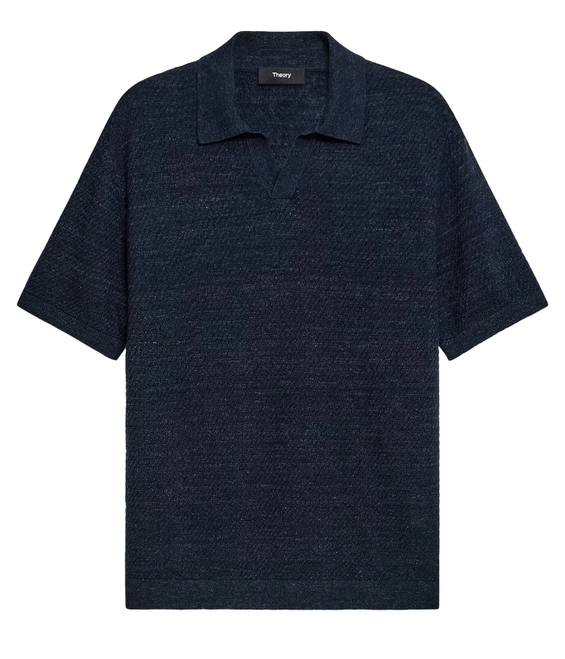 Men's open-collar polo shirt in a breathable cotton-linen blend, featuring a standard fit and short sleeves, ideal for smart-casual summer outfits.