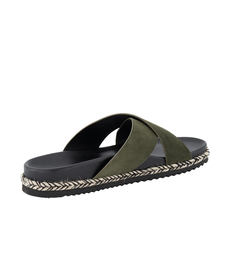 Frescobol Carioca Breno Slides with soft suede cross straps, espadrille-inspired rope detail, and tonal rubber sole for casual summer style.