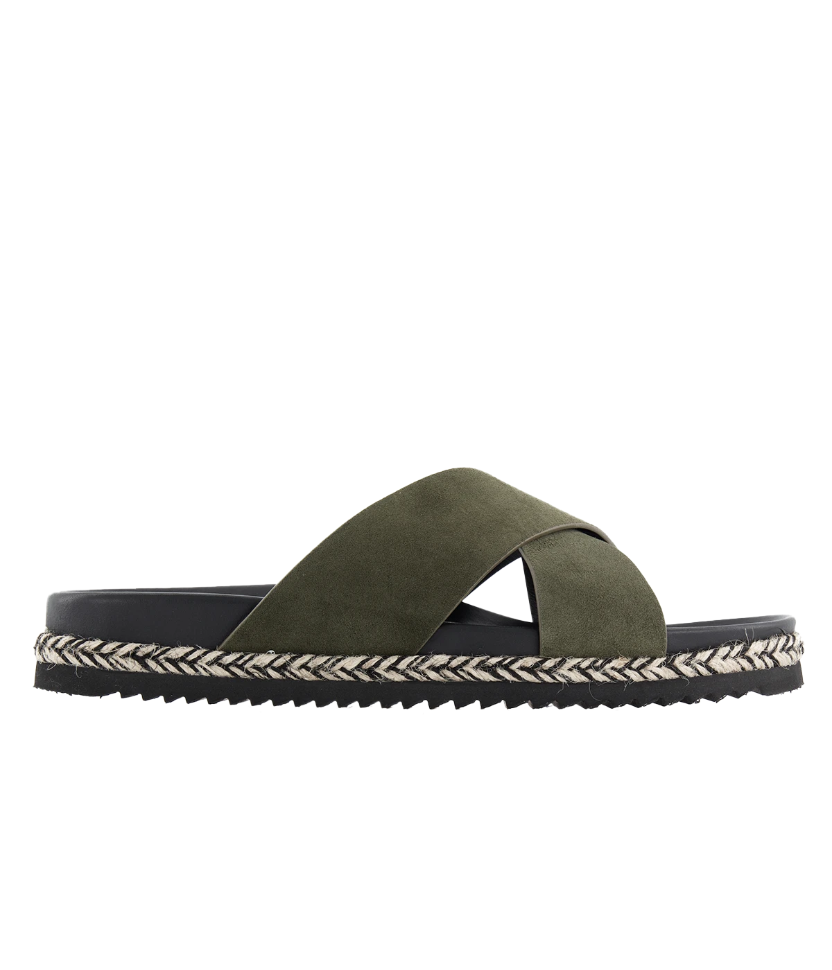 Frescobol Carioca Breno Slides with soft suede cross straps, espadrille-inspired rope detail, and tonal rubber sole for casual summer style.