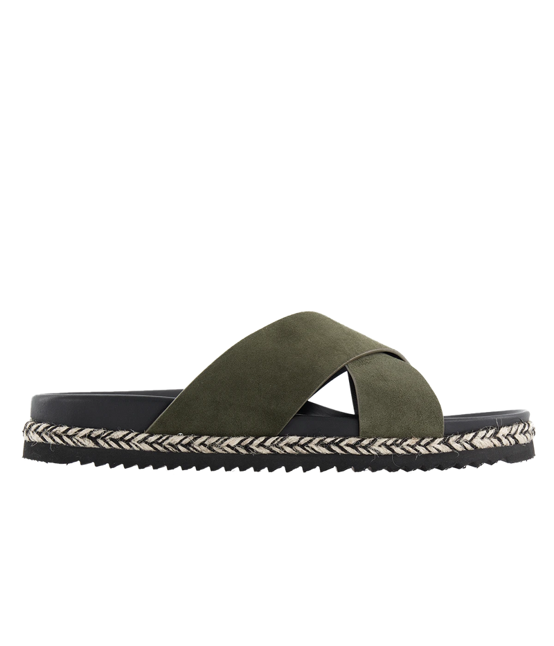 Frescobol Carioca Breno Slides with soft suede cross straps, espadrille-inspired rope detail, and tonal rubber sole for casual summer style.