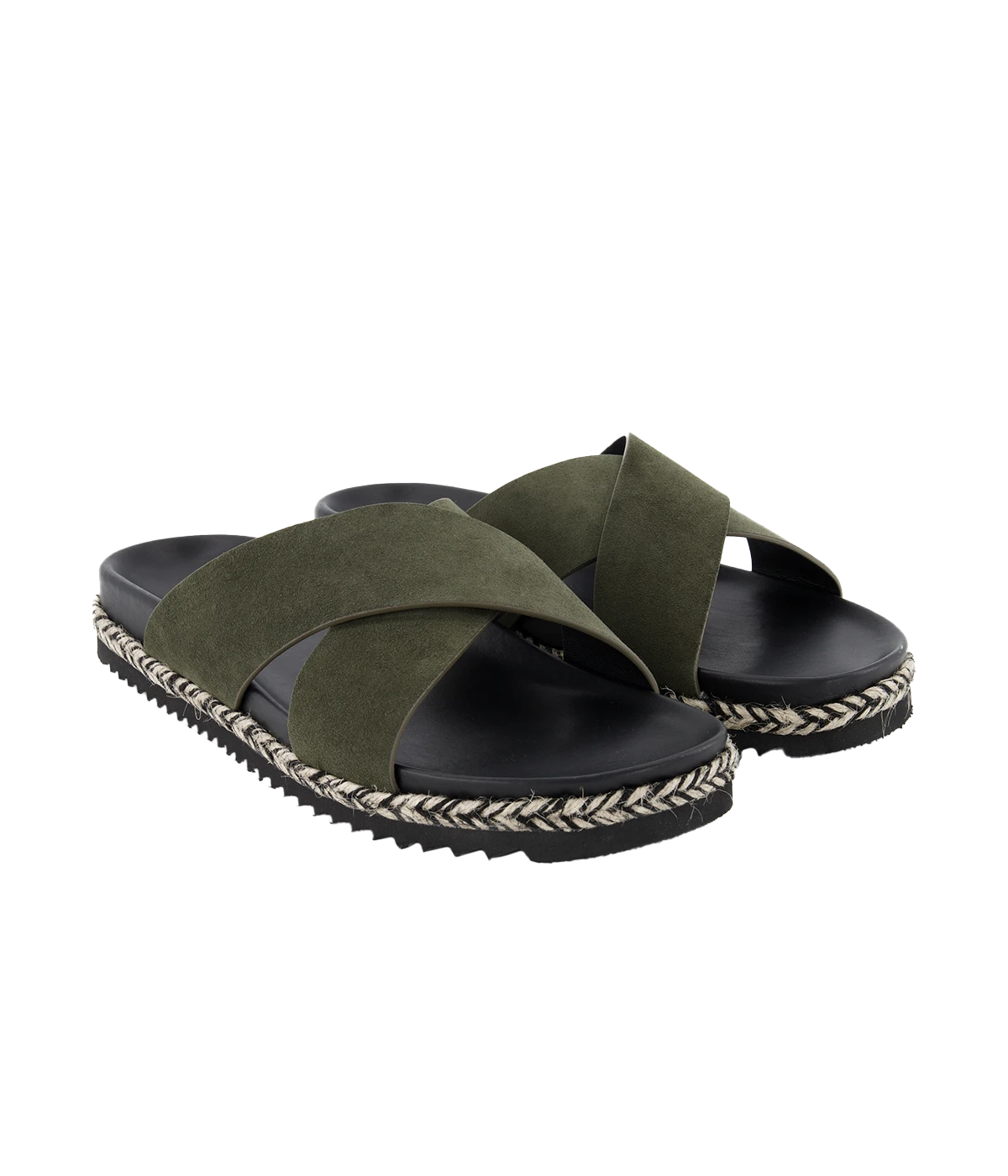 Frescobol Carioca Breno Slides with soft suede cross straps, espadrille-inspired rope detail, and tonal rubber sole for casual summer style.