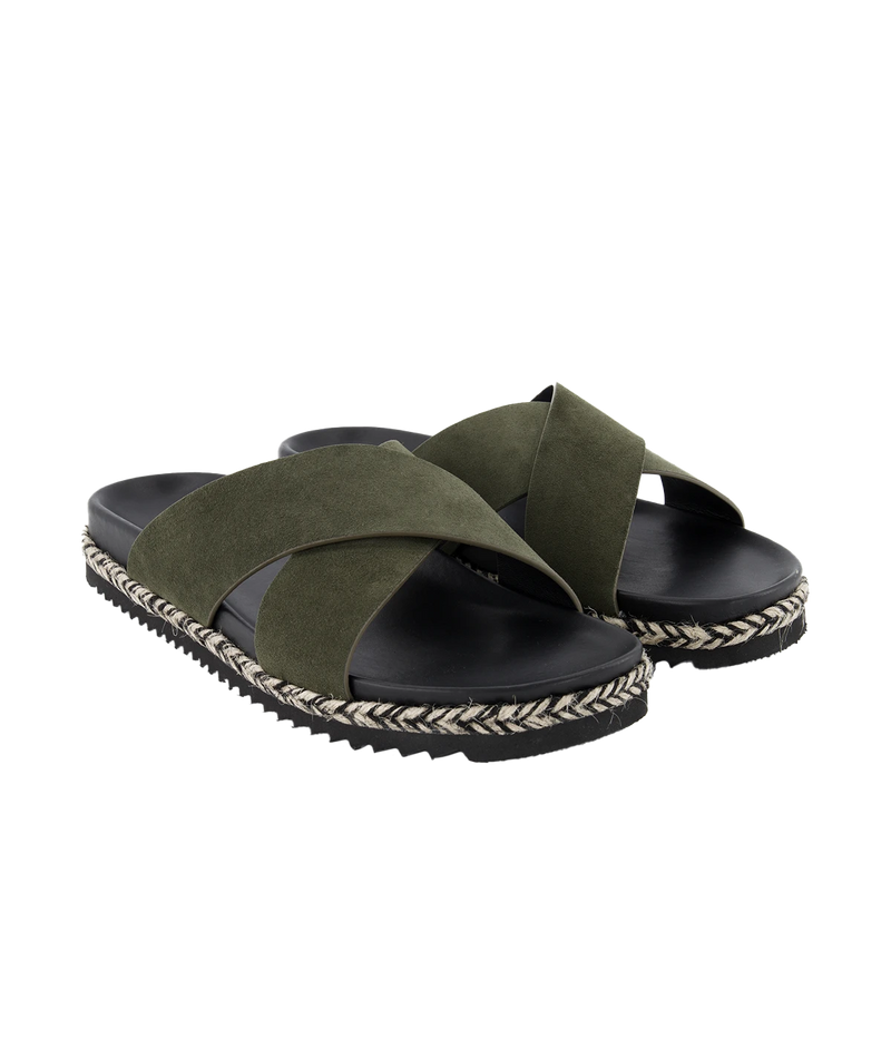 Frescobol Carioca Breno Slides with soft suede cross straps, espadrille-inspired rope detail, and tonal rubber sole for casual summer style.