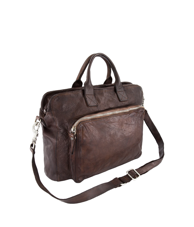 The Campomaggi Leather Briefcase in brown showcases full-grain Italian leather with a vintage-inspired, hand-dyed patina. Designed with top handles, a detachable shoulder strap, and ample storage, it’s a refined yet rugged essential for the modern professional.