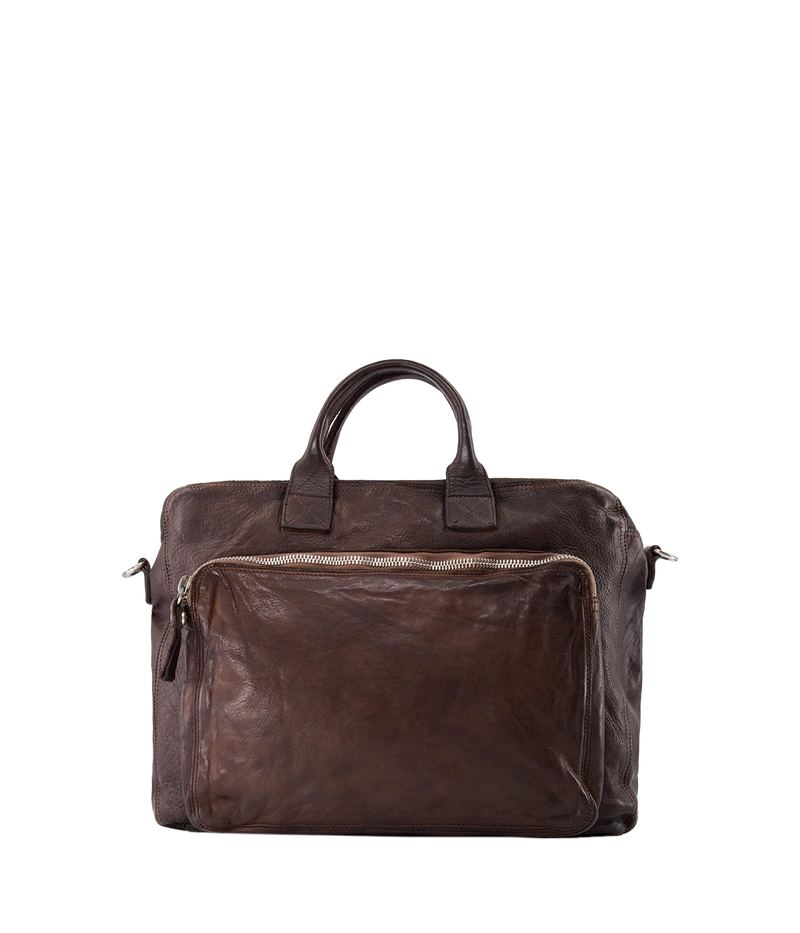 The Campomaggi Leather Briefcase in brown showcases full-grain Italian leather with a vintage-inspired, hand-dyed patina. Designed with top handles, a detachable shoulder strap, and ample storage, it’s a refined yet rugged essential for the modern professional.