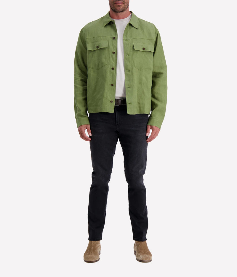 Valstar's linen overshirt with adjustable waist tabs, combining rugged trucker jacket style with a lightweight, breathable design. Perfect for warmer days.