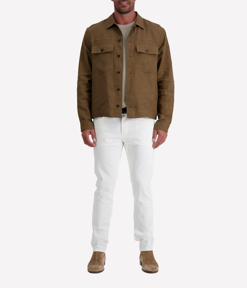 Valstar's linen overshirt with adjustable waist tabs, combining rugged trucker jacket style with a lightweight, breathable design. Perfect for warmer days.