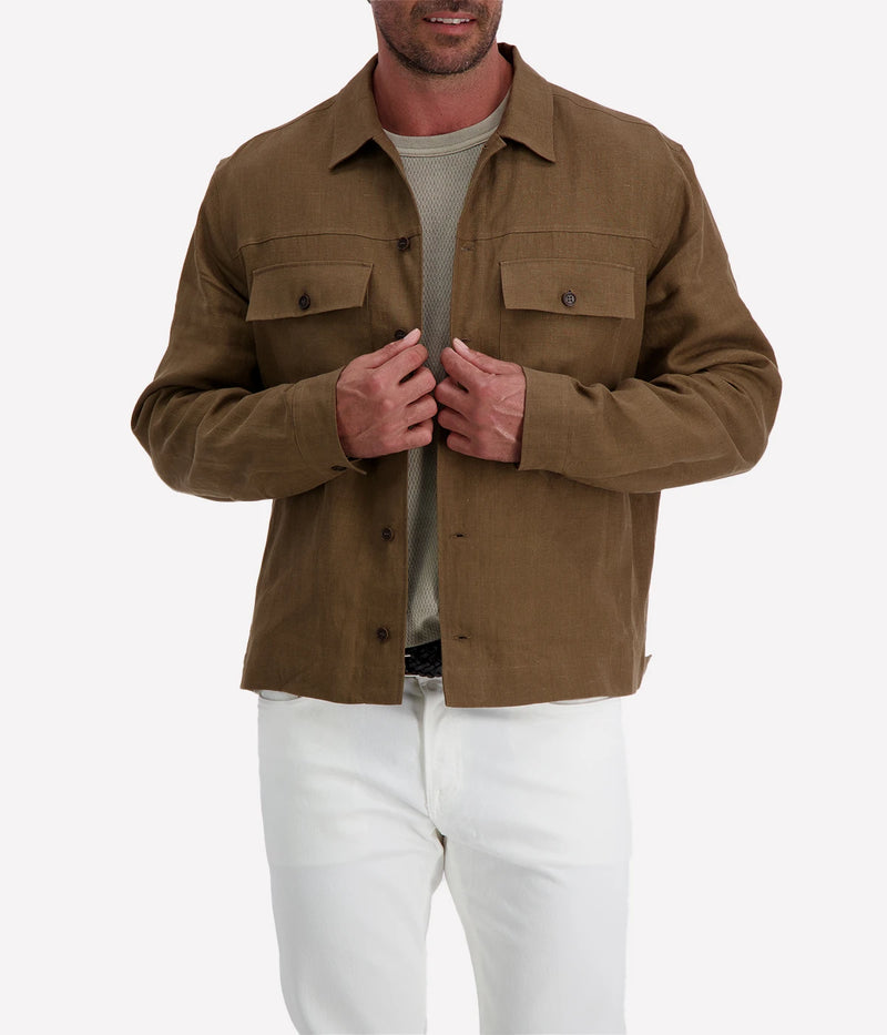 Valstar's linen overshirt with adjustable waist tabs, combining rugged trucker jacket style with a lightweight, breathable design. Perfect for warmer days.