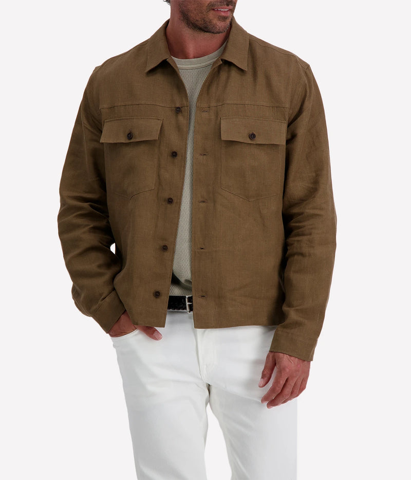 Valstar's linen overshirt with adjustable waist tabs, combining rugged trucker jacket style with a lightweight, breathable design. Perfect for warmer days.
