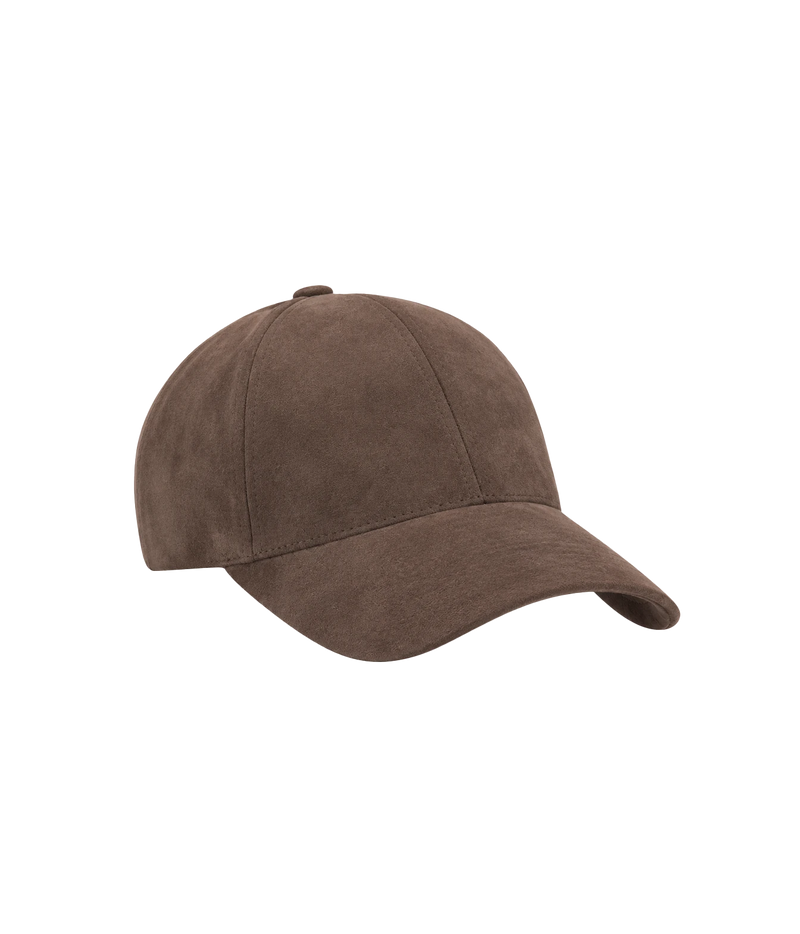 Front three-quarter view of Varsity Headwear Alcantara Legacy Structured Cap in Fondente Brown