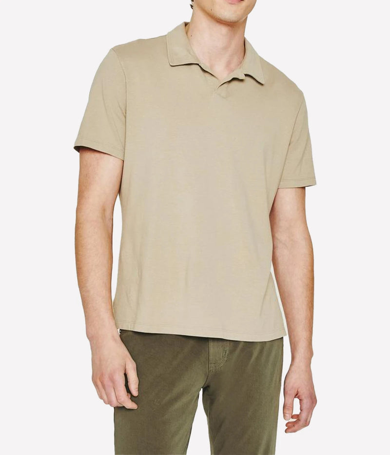 AG Jeans Bryce Johnny Collar in Dry Dust – Front View on Model Cotton Johnny Collar Polo Shirt