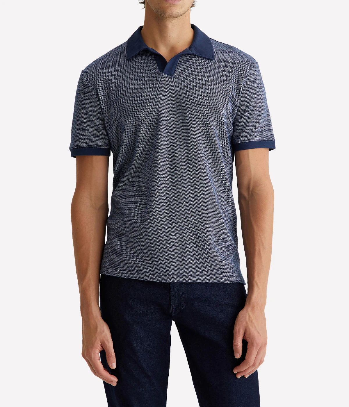The Bryce Johnny Collar polo shirt, featuring a relaxed neckline with a pointed collar and short sleeves, crafted from lightweight cotton jersey.