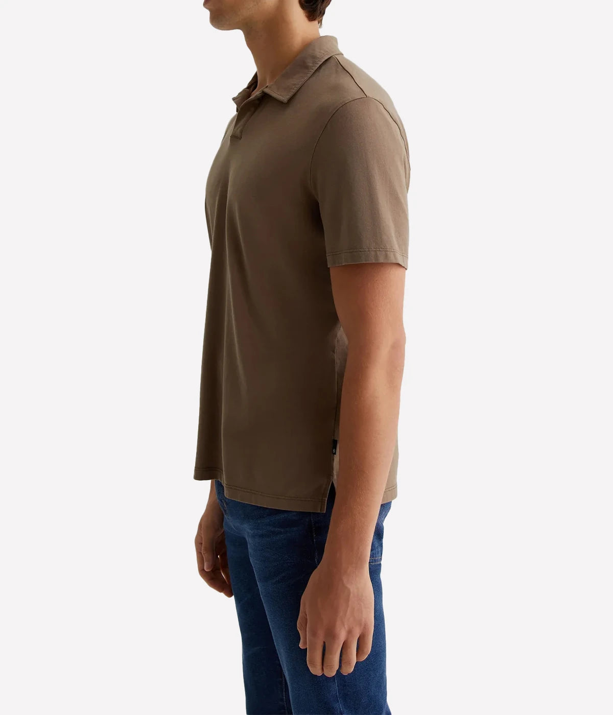 Side profile of the Bryce Johnny Collar polo shirt, showcasing the relaxed fit and smooth finish of the lightweight cotton jersey.
