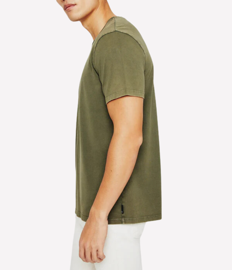 Side profile of the Bryce crew neck tee in vintage infantry green, showcasing its relaxed fit and soft cotton jersey fabric for effortless comfort.