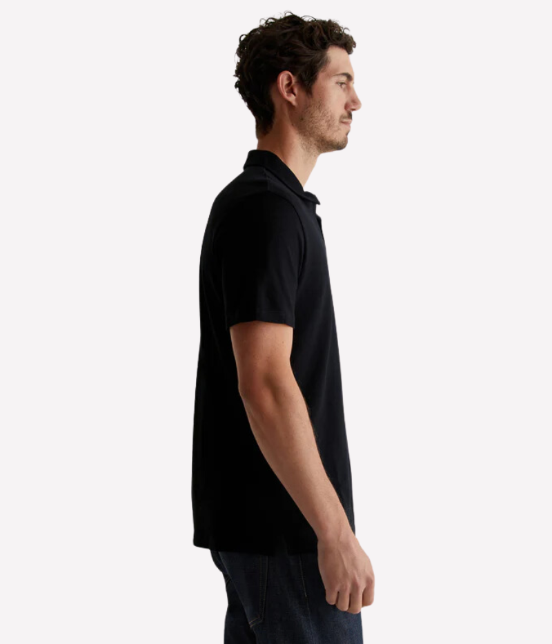 Side view of the AG Bryce Johnny Collar Polo Shirt, showcasing its lightweight cotton jersey fabric and clean silhouette. The relaxed fit and classic design make it an effortlessly stylish choice for any occasion.