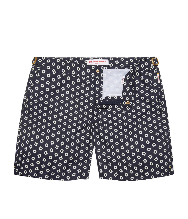 Men’s Bulldog tailored swim shorts in quick-drying recycled polyester with adjustable gold-effect side fasteners and concealed snap closure, designed for versatile wear.
