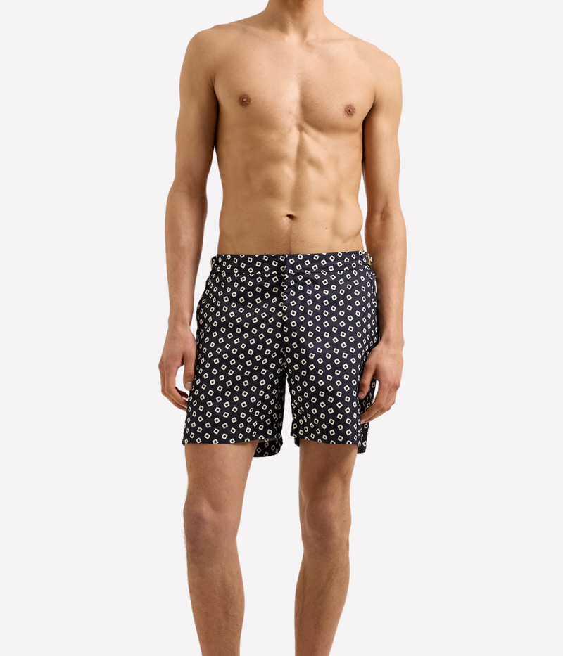 Men’s Bulldog tailored swim shorts in quick-drying recycled polyester with adjustable gold-effect side fasteners and concealed snap closure, designed for versatile wear.