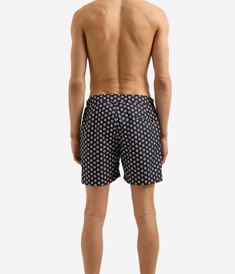 Men’s Bulldog tailored swim shorts in quick-drying recycled polyester with adjustable gold-effect side fasteners and concealed snap closure, designed for versatile wear.