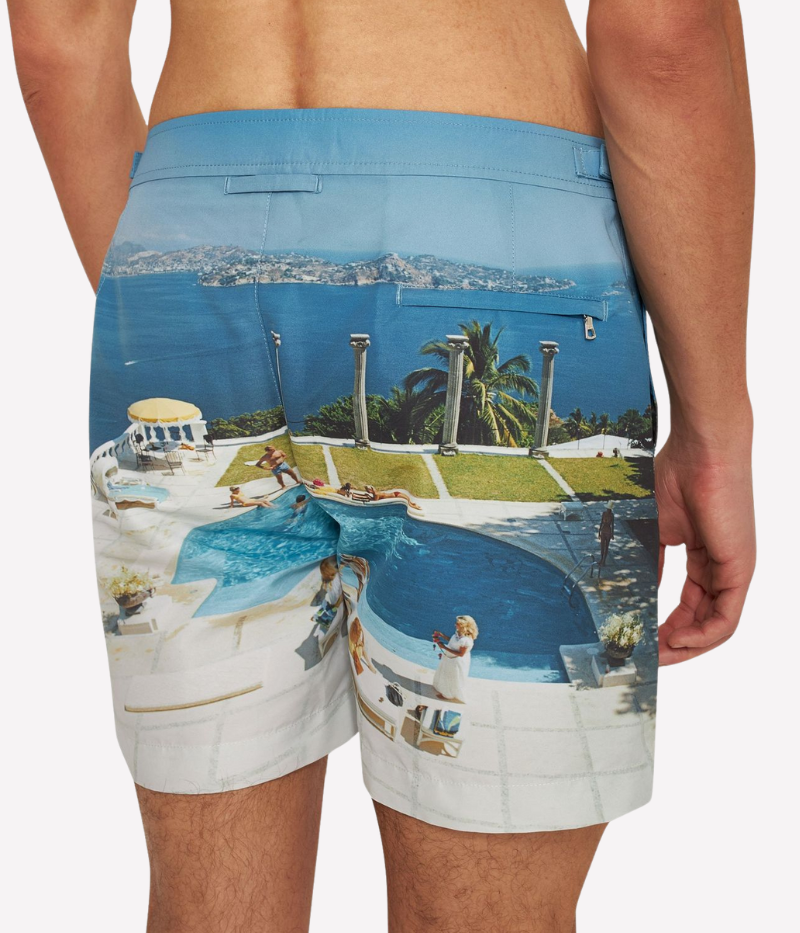 Back view of the Orlebar Brown Bulldog Swim Shorts, highlighting the signature Bulldog fit, adjustable side fasteners, and the premium nickel-effect snap closure.
