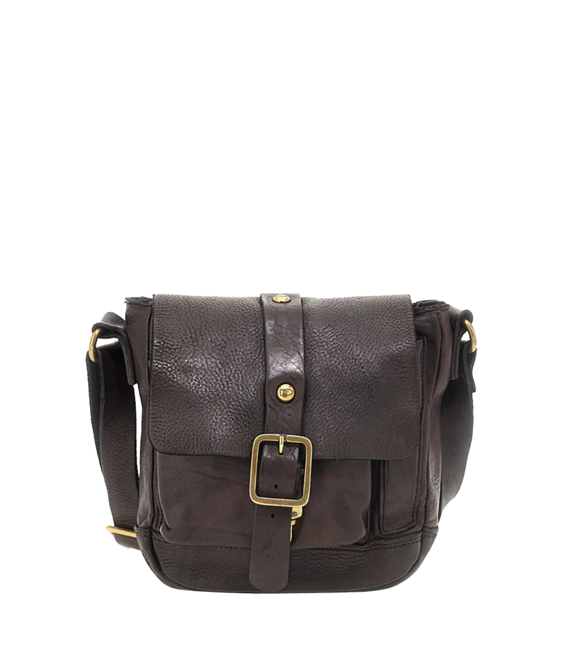 Front view of Campomaggi Spino Small Crossbody Bag in Brown showing the flap with brass buckle detail and front pocket