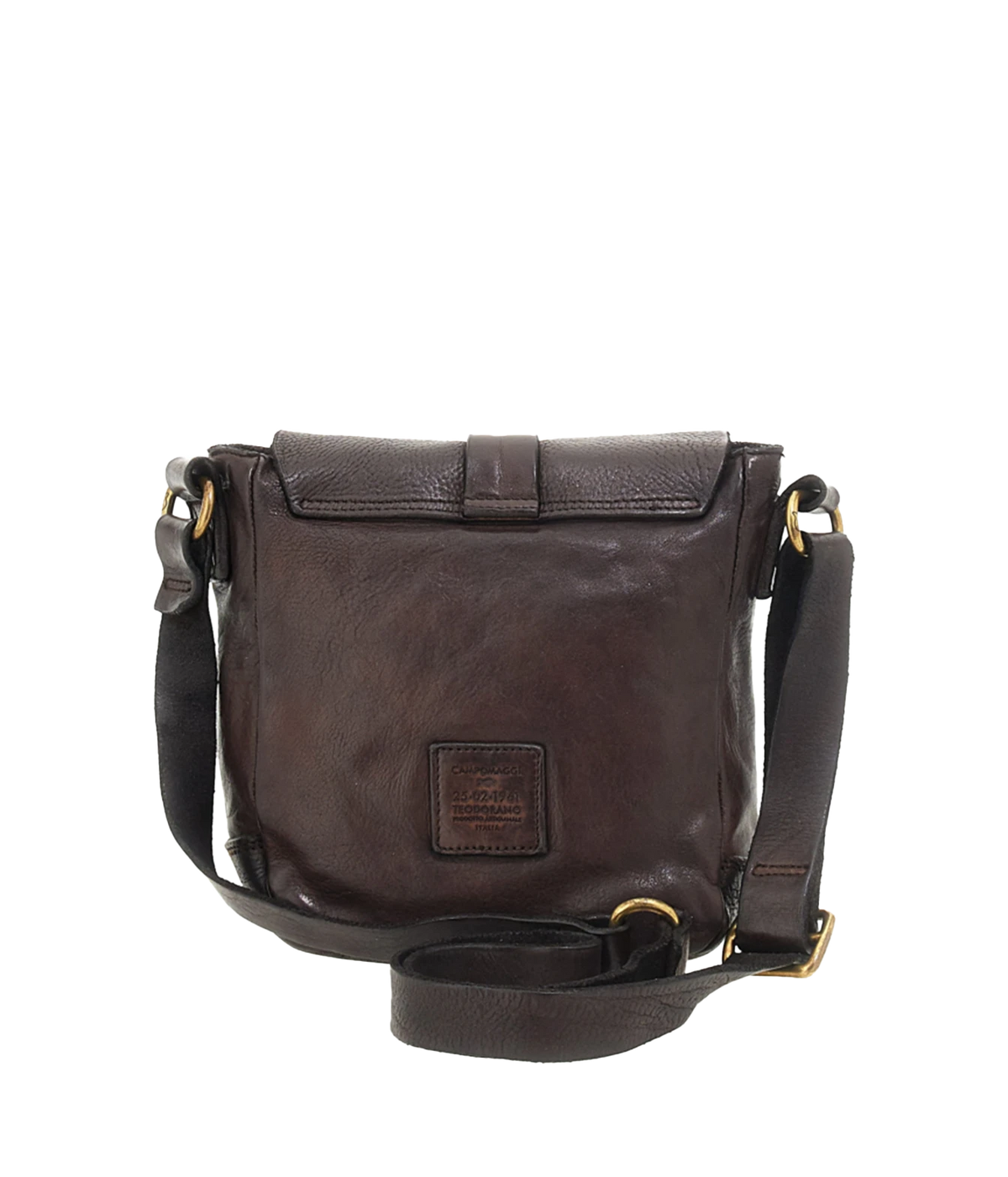 Back view of Campomaggi Spino Small Crossbody Bag in Brown showing the embossed Campomaggi logo