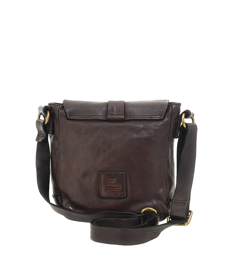 Back view of Campomaggi Spino Small Crossbody Bag in Brown showing the embossed Campomaggi logo