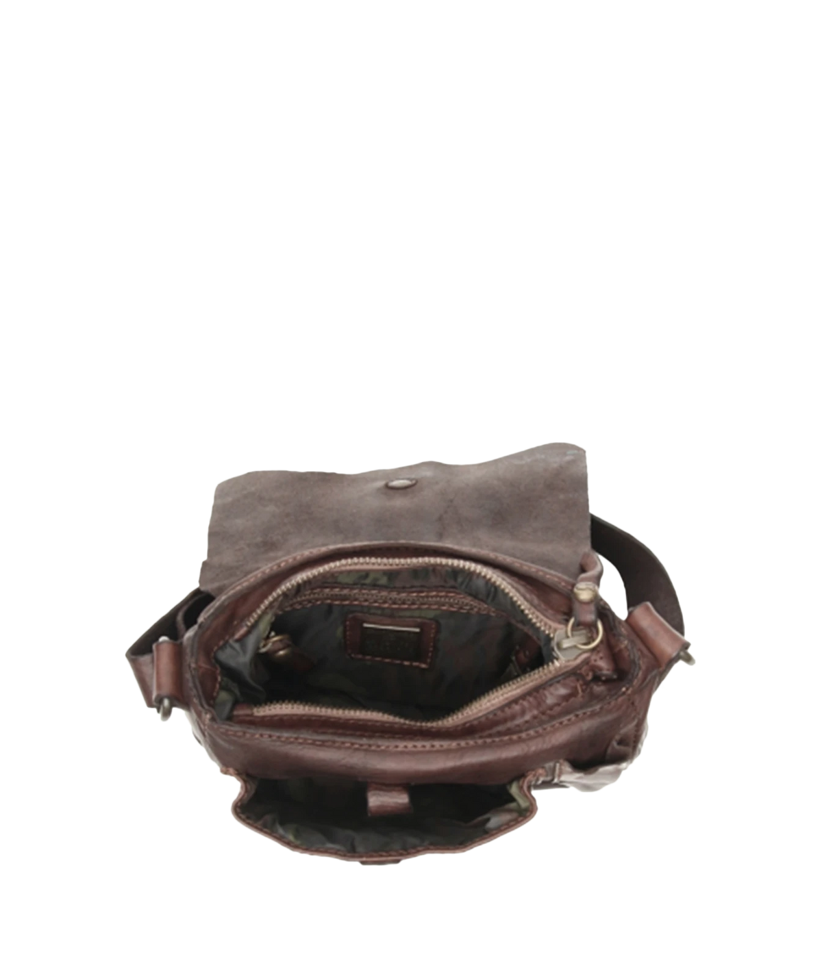 Open Campomaggi Spino Small Crossbody Bag in Brown showing the fabric-lined interior