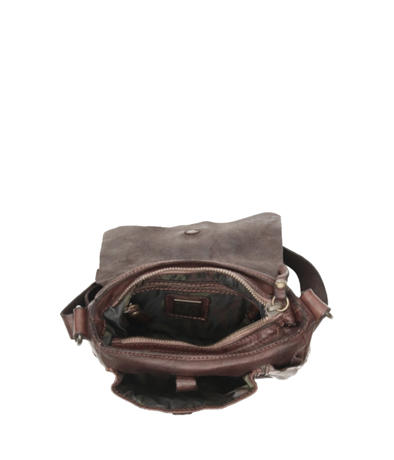 Open Campomaggi Spino Small Crossbody Bag in Brown showing the fabric-lined interior