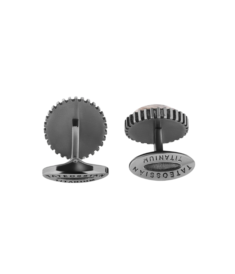 Titanium cufflinks with domed Botswana Agate stone, palladium plating for a sleek, sophisticated look.