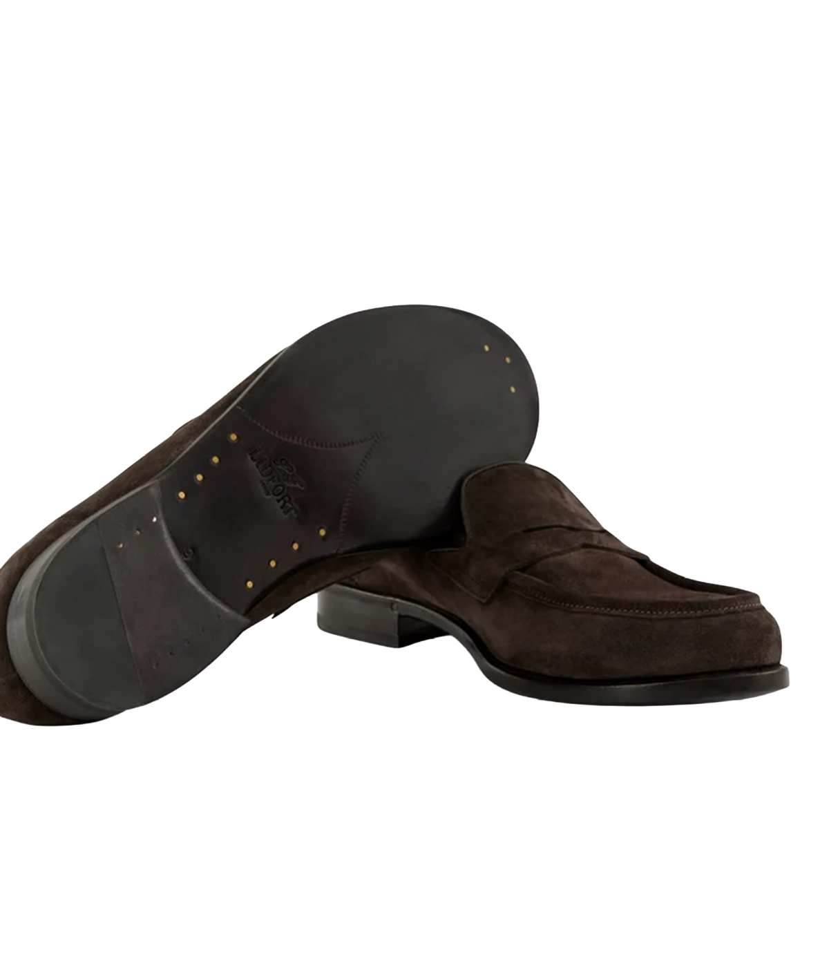 Lardini Calf Suede Loafer in Brown showing the leather sole and heel