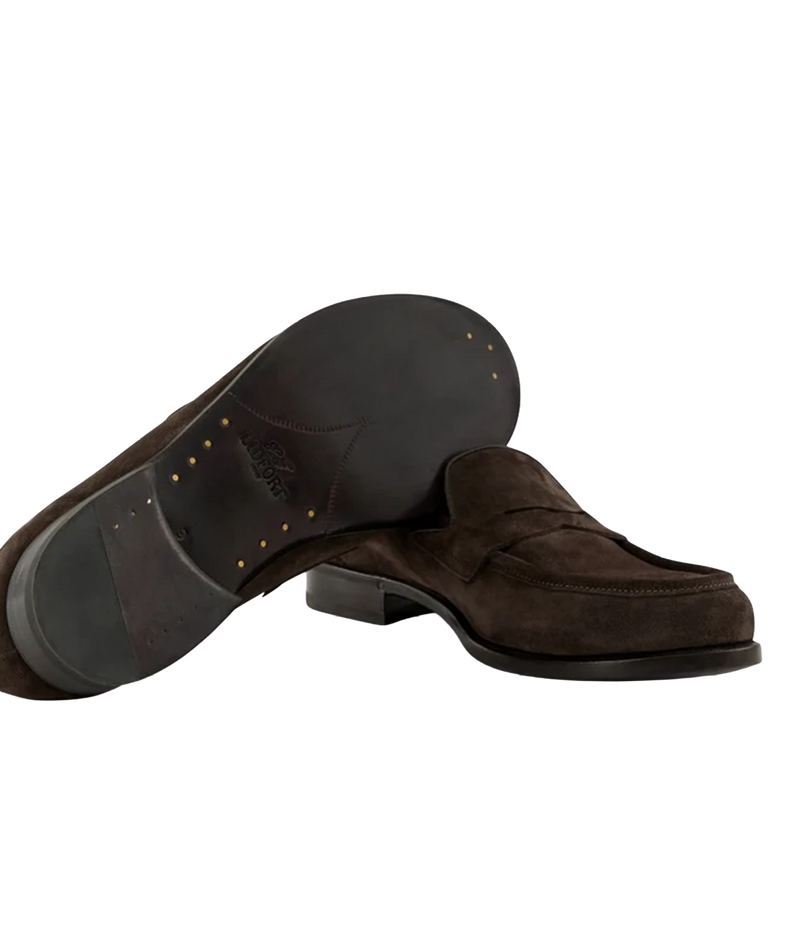 Lardini Calf Suede Loafer in Brown showing the leather sole and heel