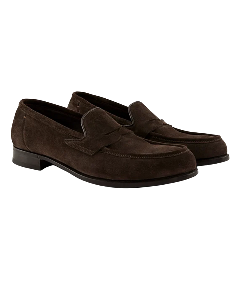 Pair of Lardini Calf Suede Loafers in Brown, angled side view