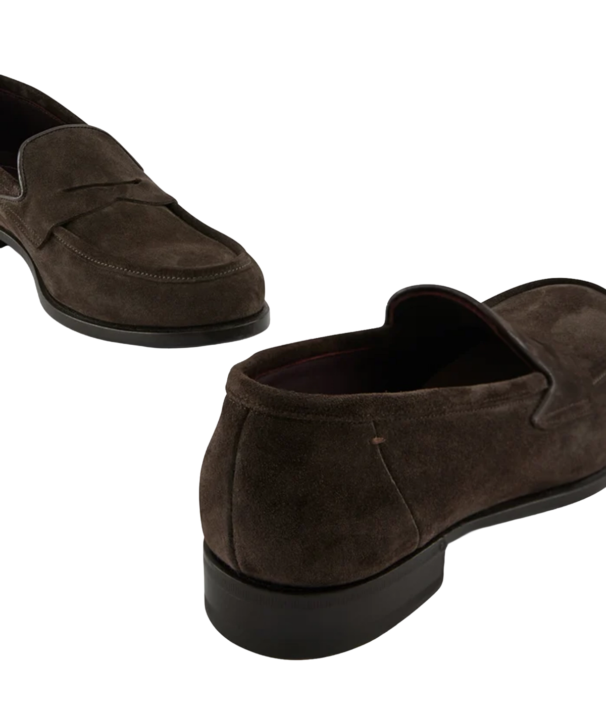 Pair of Lardini Calf Suede Loafers in Brown, angled back view showing the heels