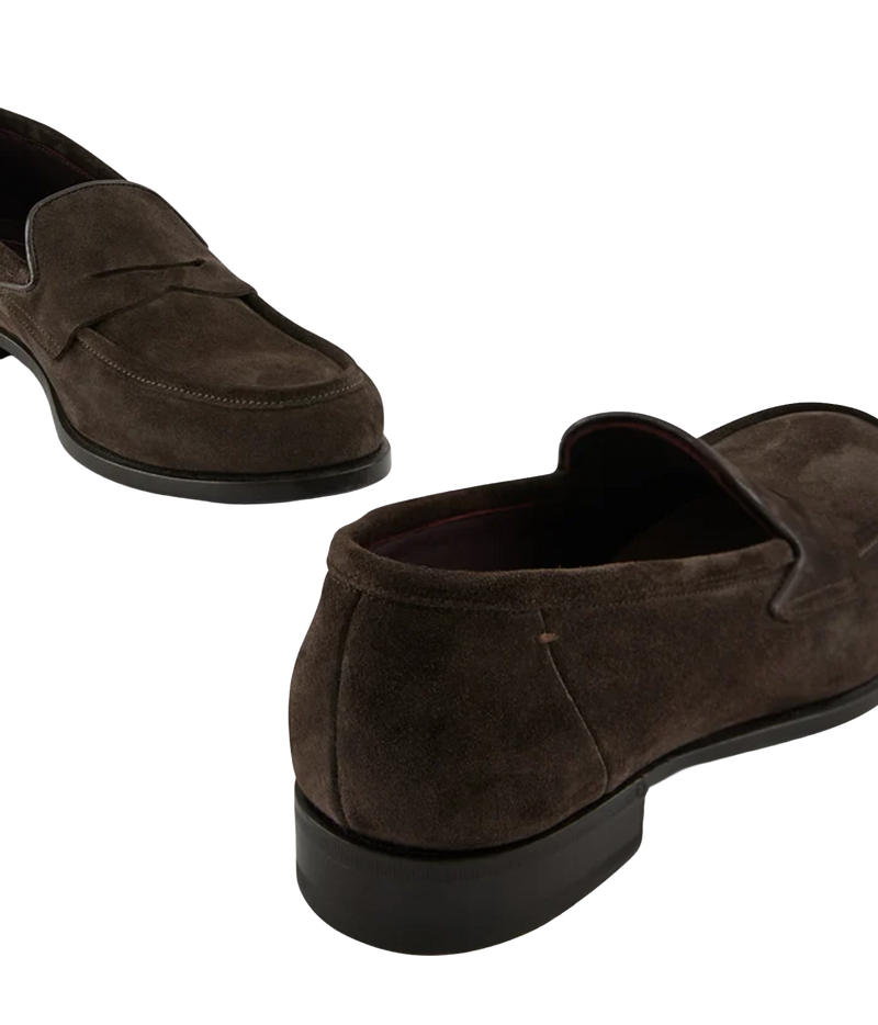 Pair of Lardini Calf Suede Loafers in Brown, angled back view showing the heels