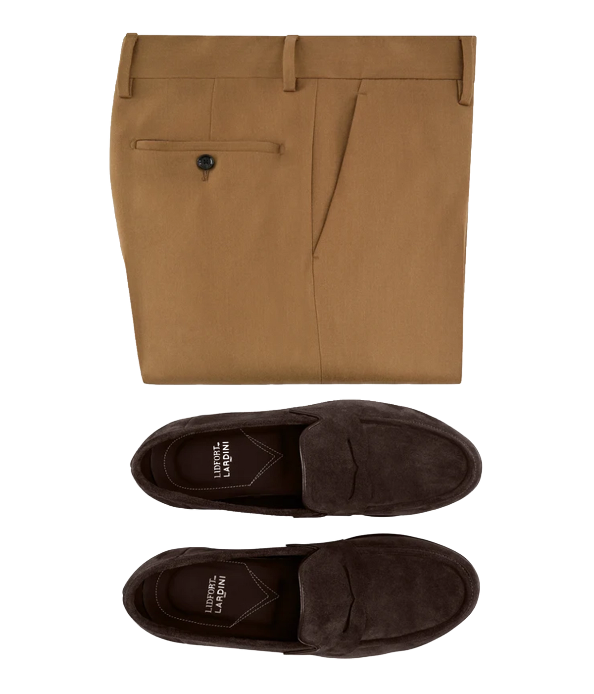 Lardini Calf Suede Loafers in Brown styled with tan trousers, flat lay