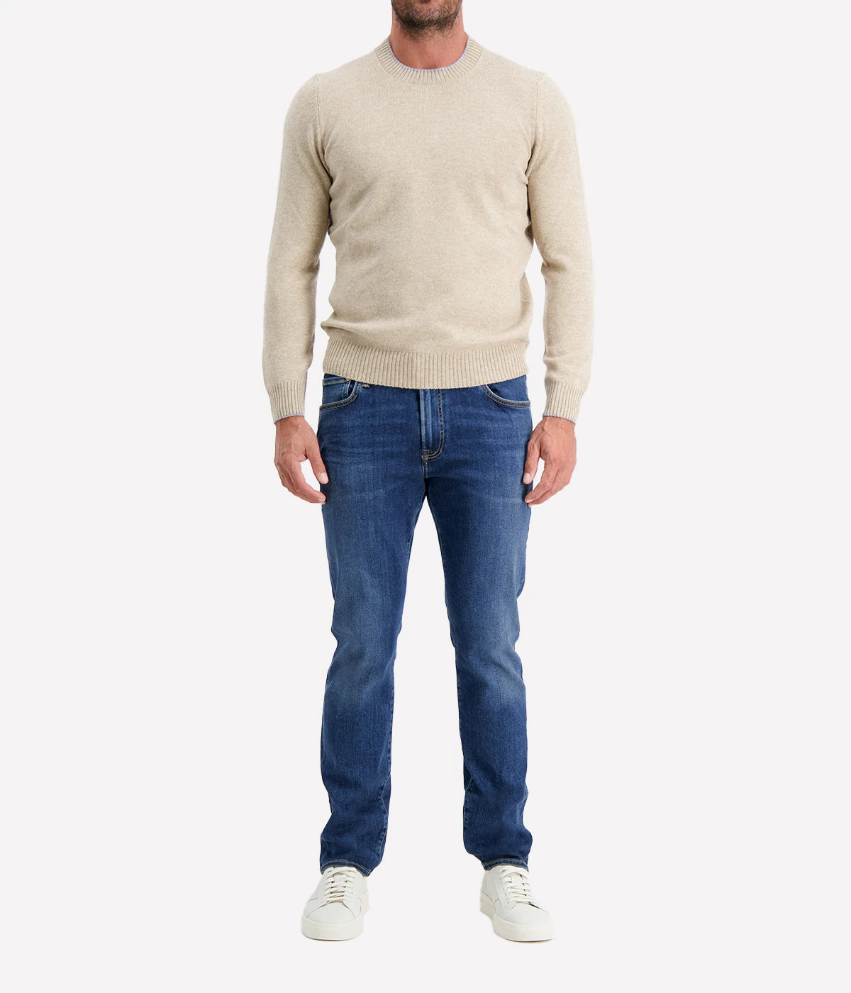 Crew Long Sleeve in Beige Grey Trim