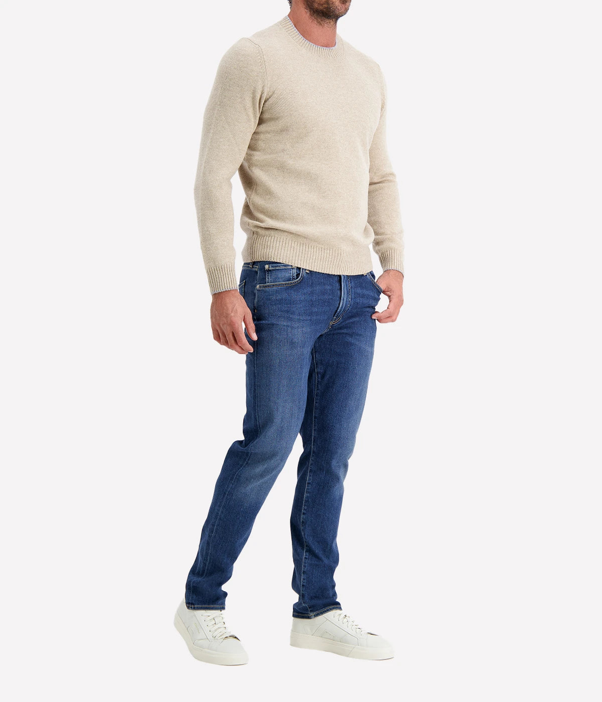 Crew Long Sleeve in Beige Grey Trim