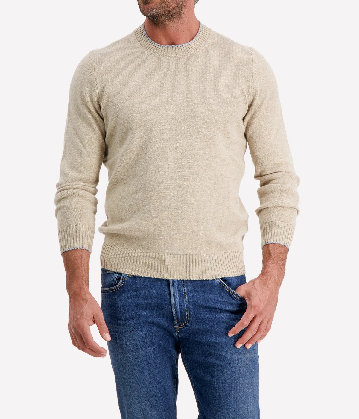 Crew Long Sleeve in Beige Grey Trim