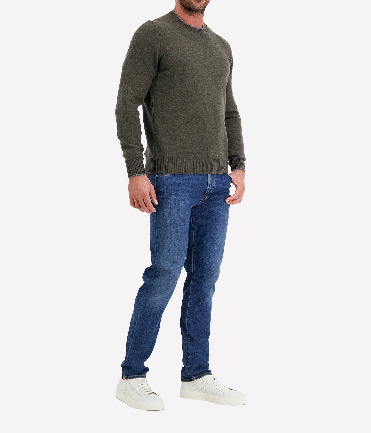 Crew Long Sleeve in Khaki Grey Trim