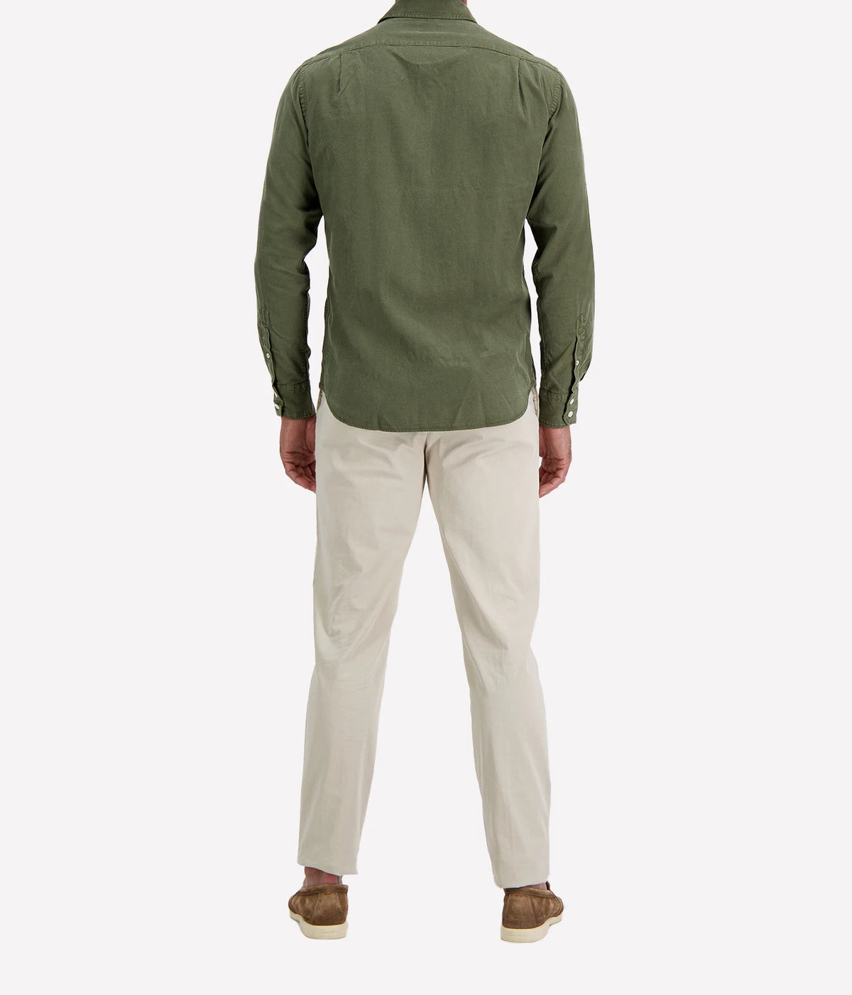 Back view of man wearing Hartford Paul Tencel & Cotton Shirt in Military with stone chinos and brown suede shoes
