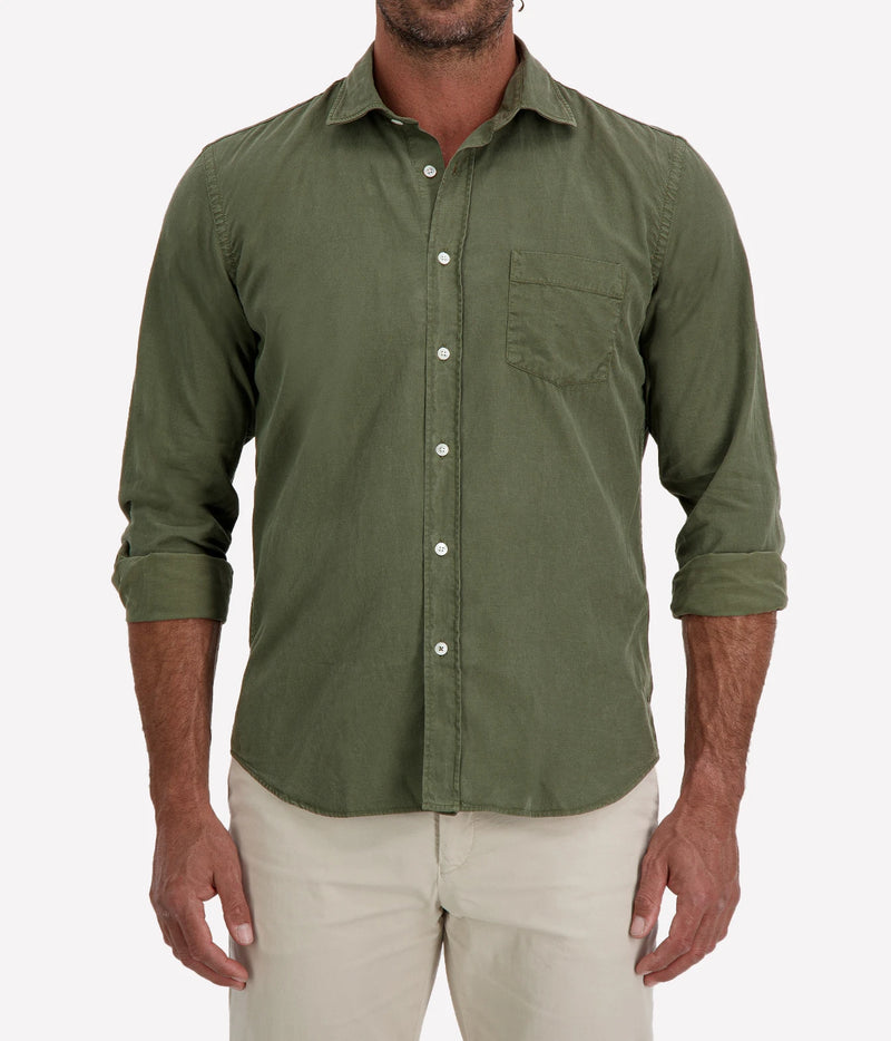 Man wearing Hartford Paul Tencel & Cotton Shirt in Military with stone chinos, cropped front view
